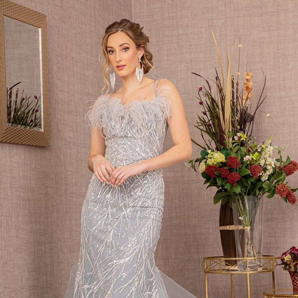 NEW OFF THE SHOULDER SLEEVELESS SEQUIN DRESS WITH FEATHERS & LACE UP GL3117